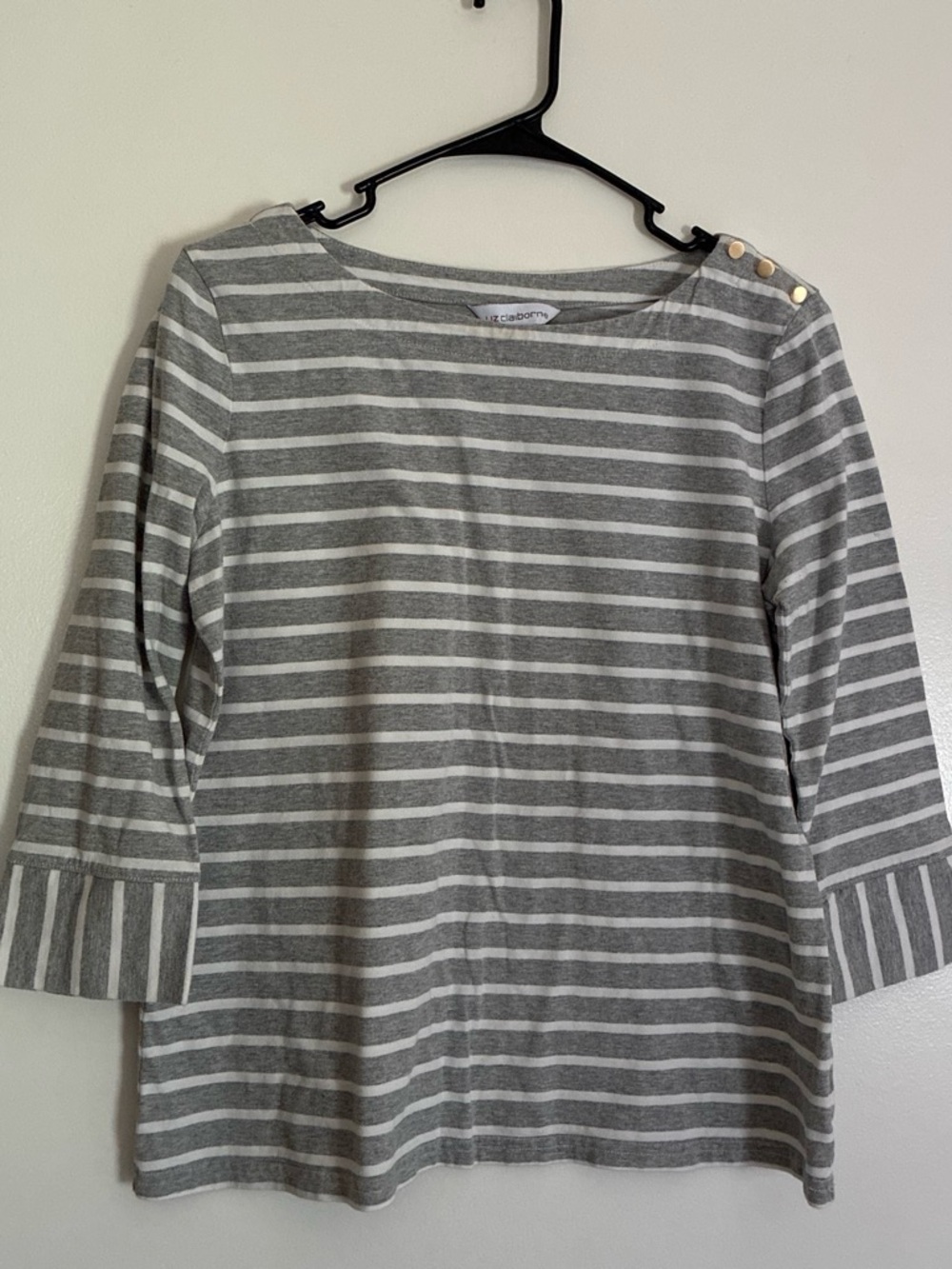 Liz Claiborne Gray and White Striped Boatneck Tee